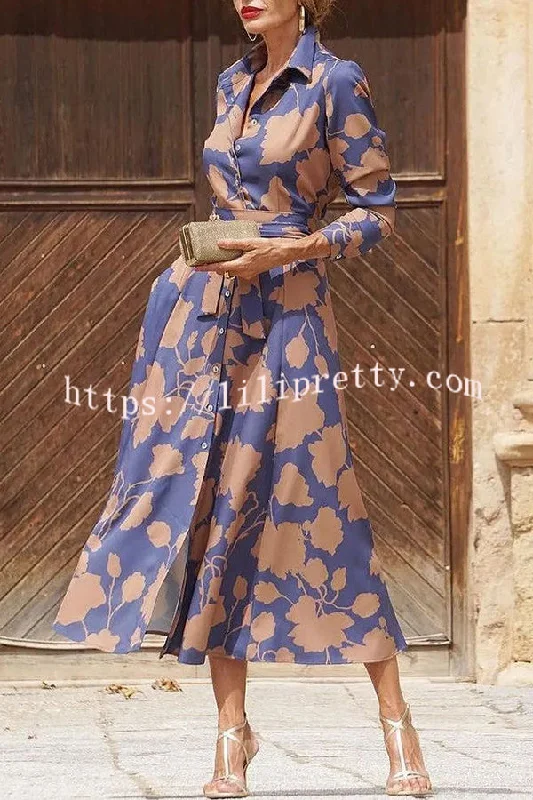 Lapel Floral Print Lace Up Buttoned Pockets Long Sleeve Midi Dress Cute floral print midi dresses