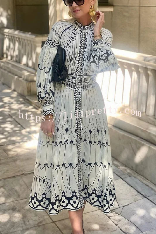 Perfect for Spring Linen Blend Ethnic Print Button Balloon Sleeve Belted Shirt Midi Dress Silk midi dresses