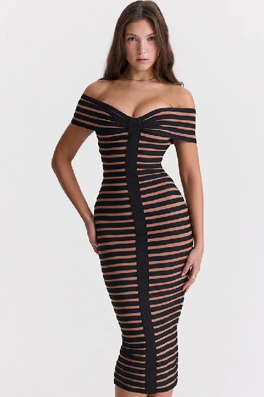 Sexy Off Shoulder Contrast Striped Bandage Cocktail Party Midi Dress - Black Long sleeve midi dresses