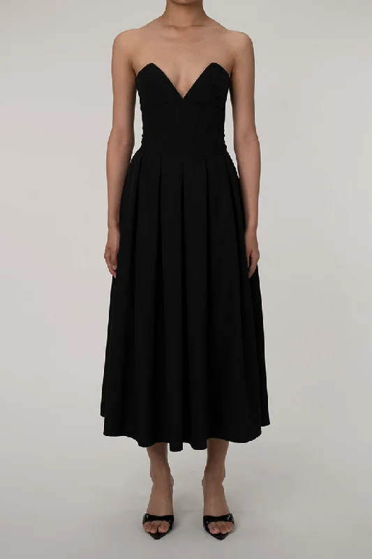 Sexy V Neck Strapless Fit & Flare Pleated Corset Cocktail Party Midi Dress - Black Fall midi dresses