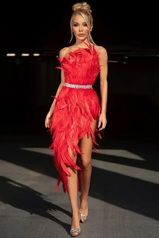 Sparkly Crystal One Shoulder High Slit Feather Midi Dress - Red Vintage midi dresses