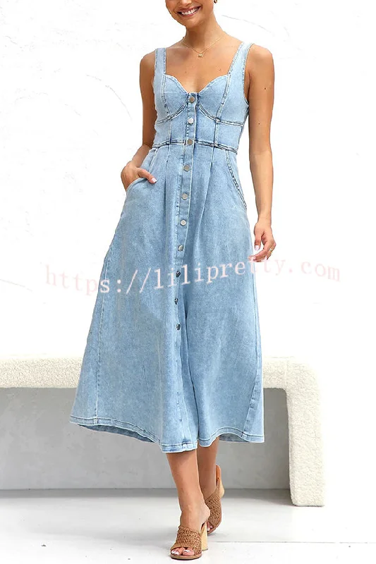 Spring Fling Washed Denim Button Pocket Back Smocked Midi Dress Off-shoulder midi dresses