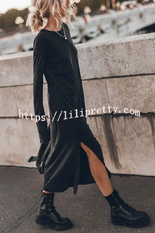 Lilipretty The Bedisse Cotton Blend Long Sleeve Relaxed Slit Midi Dress Urban Outfitters midi dresses