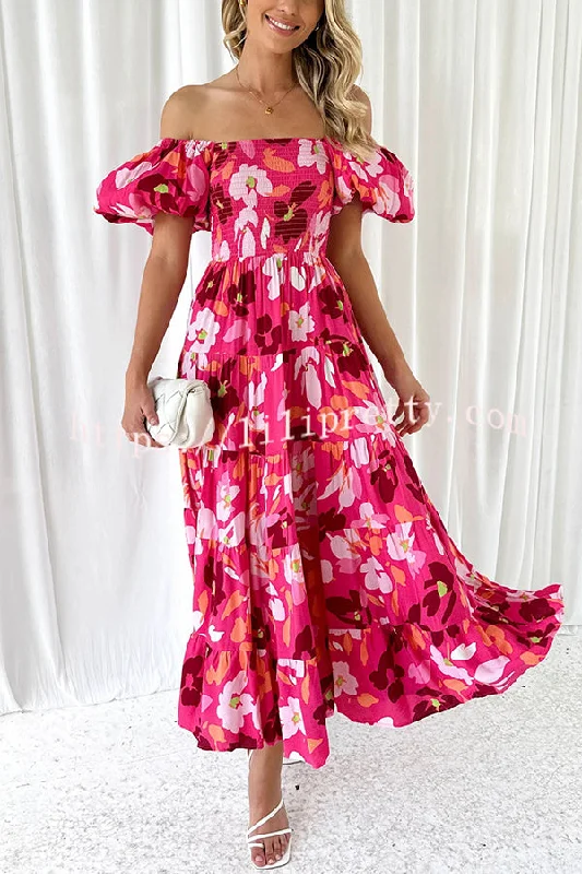 Petal Princess Unique Print Smocked Waist Puff Sleeve Midi Dress Spring midi dresses