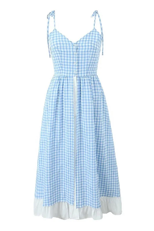 Vintage Gingham Printed Tie Strap Button Up Tiered Ruffle Midi Sundress Edgy midi dresses