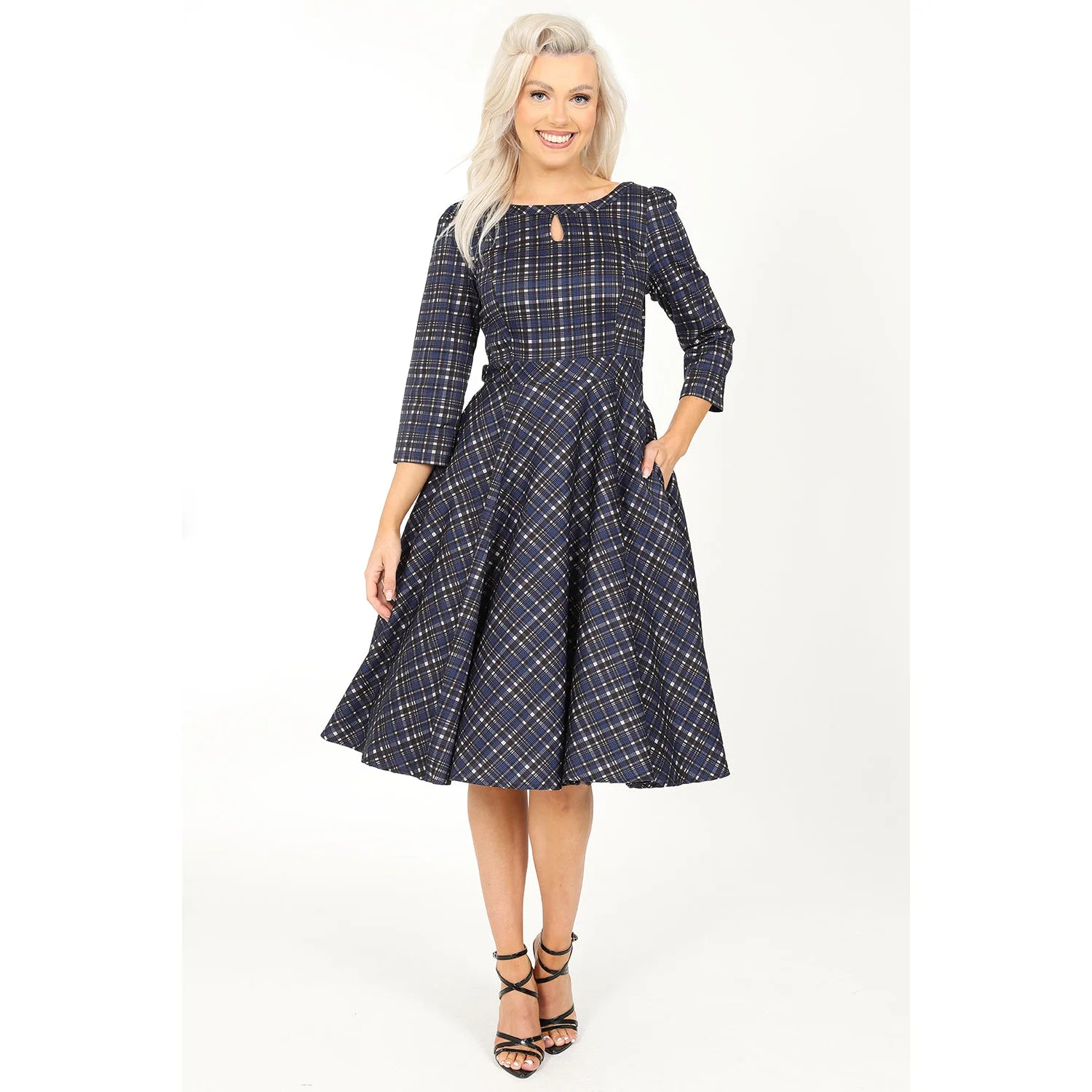 Blue Tartan Check Long Sleeve Burns Night & Rockabilly Style Swing Dress New Year's Eve maxi dresses