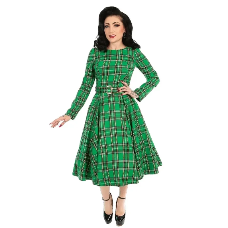 Green Tartan Long Sleeve Burns Night & Rockabilly Style Swing Dress High-end maxi dresses