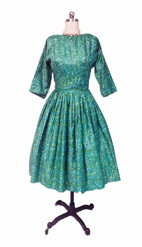 *VINTAGE JOHN WOLF FABRIC MEO OF CALIFORNIA GREEN PRINT POLISHED COTTON DRESS IN JOHN WOLF FABRIC WITH METAL ZIPPER Halter floral dresses