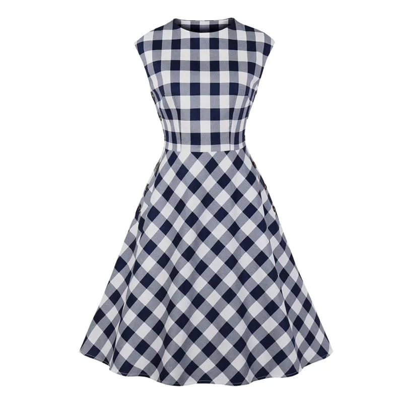 2023 Blue Plaid 50s Pinup Robe Women Dress Button Side Gingham Cotton Vintage A-Line Summer Sleeveless Ladies Rockabilly Dresses Mesh unclassified dresses