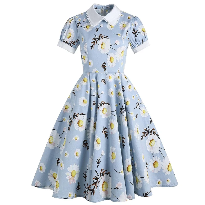 2023 Flora Blue Summer Casual A Line Women Dress With Pocket Little Daisy Peter Pan Collar Swing Rockabilly 40s 50s 60s Sundress Short unclassified dresses