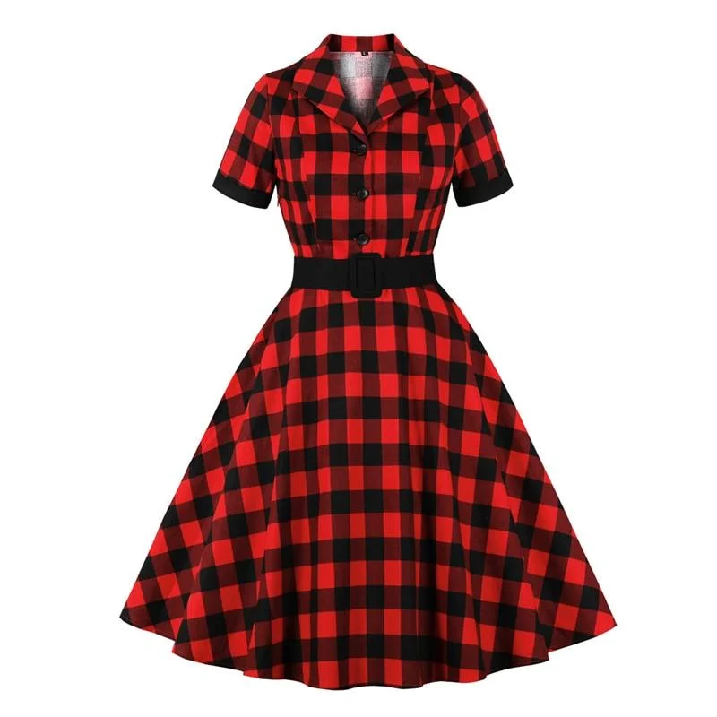 2023 Gingham Vintage Dress Elegant Women Turn Down Collar Button Up Rockabilly 50s Style Red Plaid Cotton Dresses with Belt Earthy tone unclassified dresses