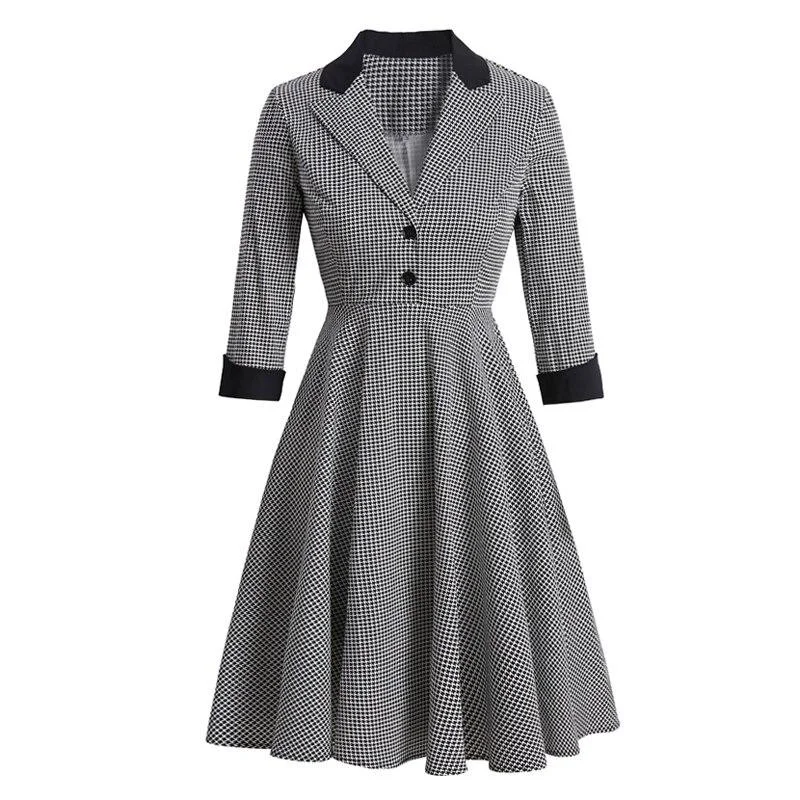 2021 Notched Collar Button Up High Waist Vintage Robe Women Pinup Autumn Dress Houndstooth Elegant Female A-Line Dresses Silk unclassified dresses