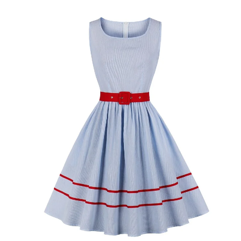 2021 O-Neck Sleeveless 50s Striped Vintage Pleated Summer Dress 100% Cotton Women Pocket Side Red Belt Casual Ladies Dresses Casual unclassified dresses