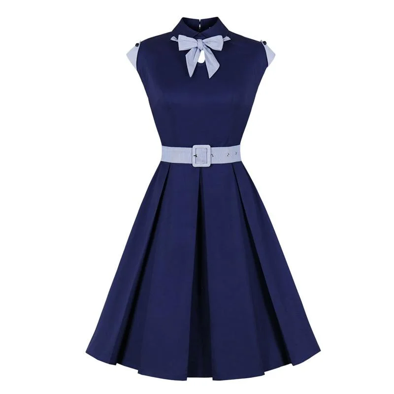 2021 Peter-Pan Collar Bow Elegant Women 50s Pin Up Vintage Pleated Dress Navy Blue Solid Sleeveless Summer Belted Cotton Dresses Knitted unclassified dresses