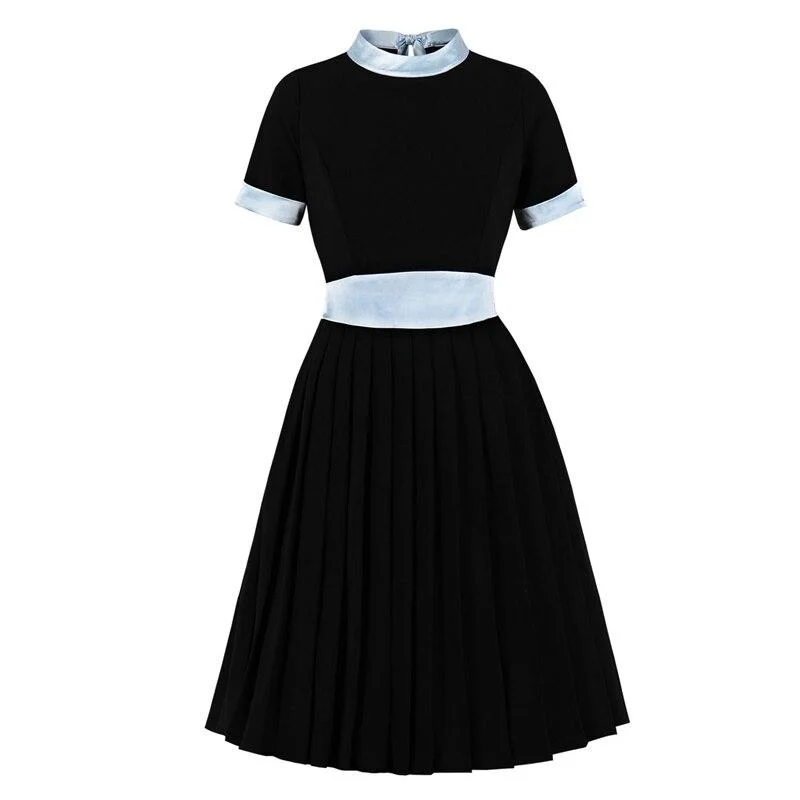 2021 Stand Collar High Waist Patchwork Elegant Black Pleated Runway Dress Women Bow Tie Back Knee Length Ladies Dresses Club unclassified dresses