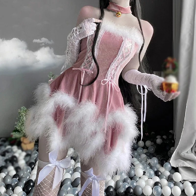 2021 Women Christmas Xmas Lady Santa Claus Cosplay Costume Sexy Lingeries Exotic Winter Pink Tube Dress Maid Waitress Uniform Y2K unclassified dresses