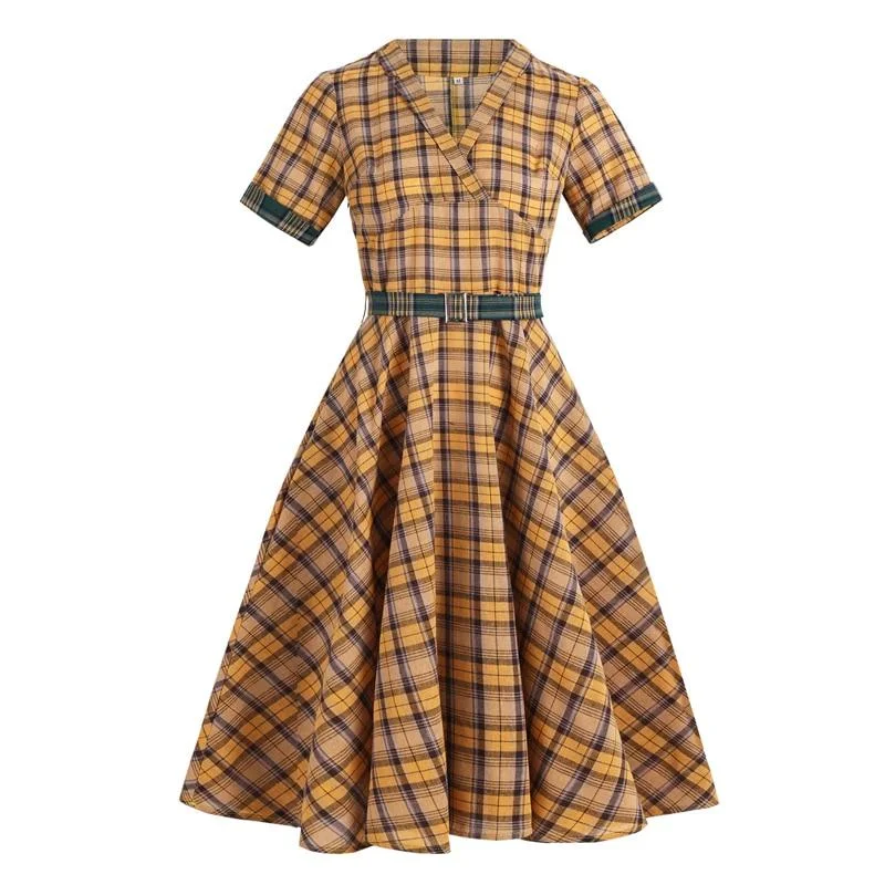 2021 Yellow Plaid High Waist Vintage Style Women Rockabilly Dress 50s 60s Elegant Summer V Neck Cotton Robe Sashes Retro Dresses Earthy tone unclassified dresses