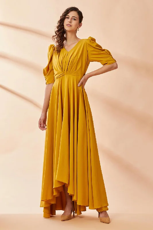 Mustard Yellow Drape Gown Dress Silk unclassified dresses