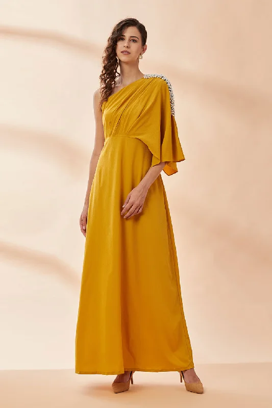 Mustard Pearl Moss Drape Dress Color block unclassified dresses