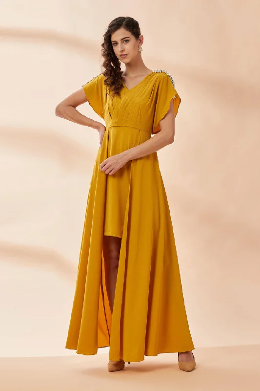 Mustard Pearl Pleated Drape Dress Bright color unclassified dresses