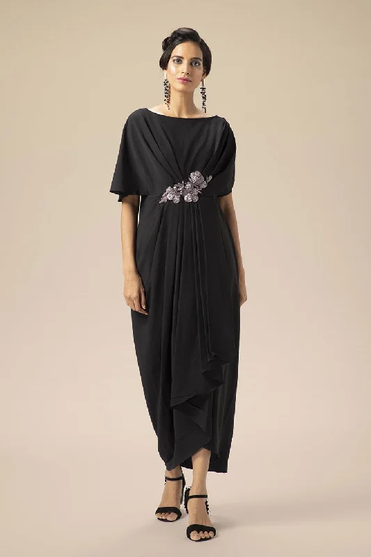 Black Embroidered Drape Dress Engagement unclassified dresses