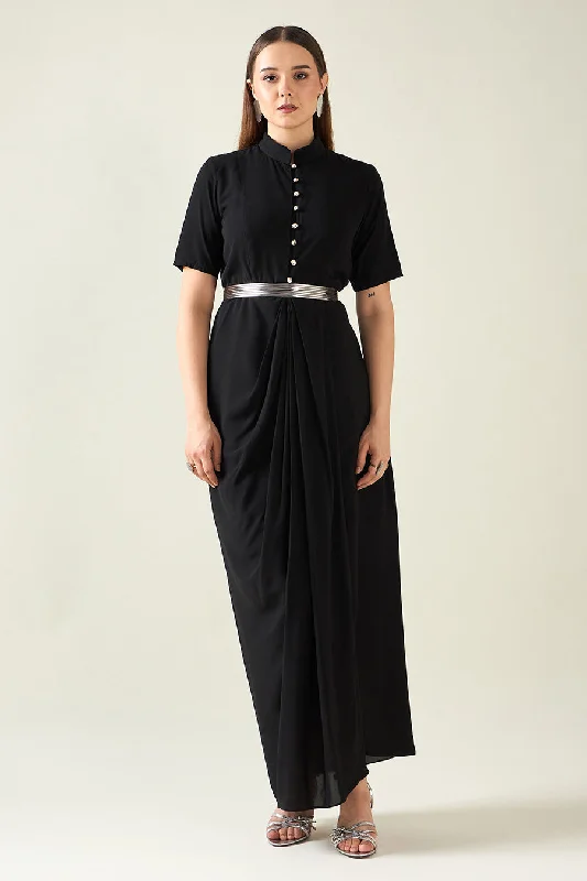 Black Alloy Drape Dress With Metallic Finish Belt Vacation unclassified dresses