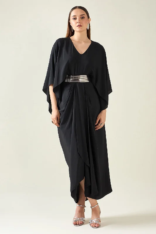 Black Coral Drape Dress With Metallic Finish Belt Travel unclassified dresses