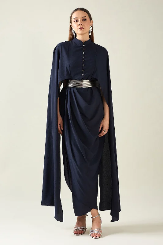 Navy Armour Drape Dress With Metallic Finish Belt Stylish unclassified dresses