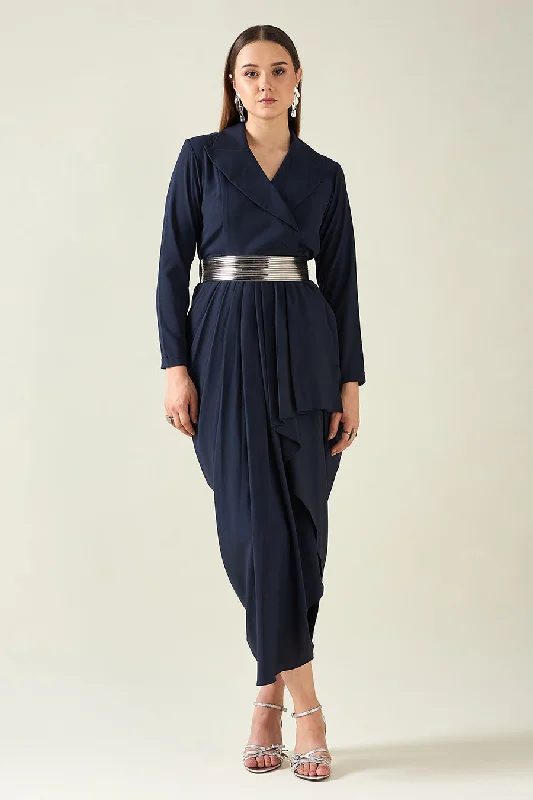 Navy Notch Drape Dress With Metallic Finish Belt Casual unclassified dresses