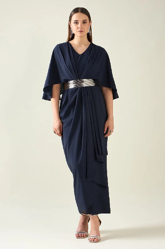 Midnight Navy Drape Dress With Metallic Finish Belt Long unclassified dresses