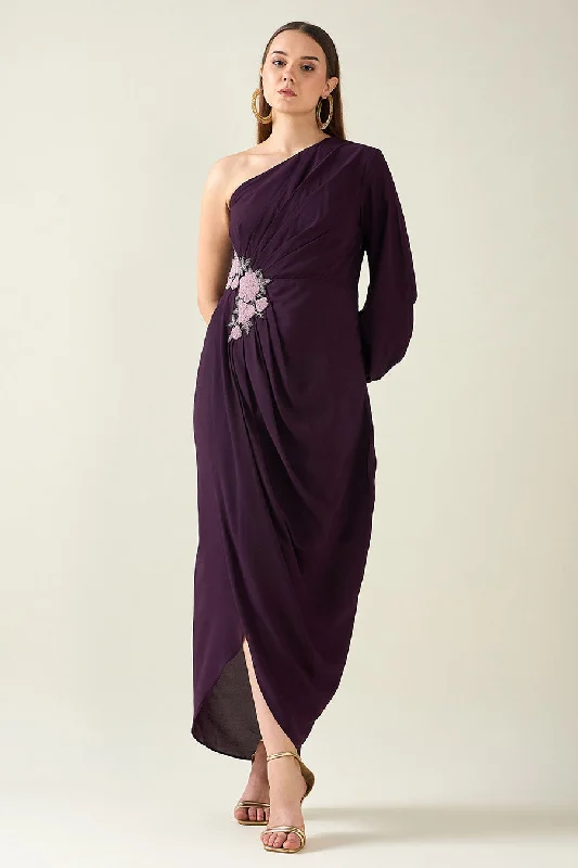 Purple One-Shoulder Embellished Drape Dress One-shoulder unclassified dresses