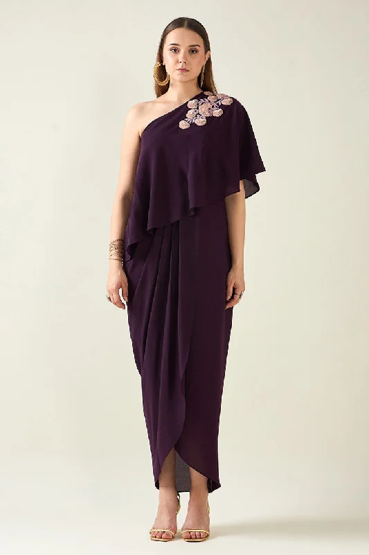 Purple One-Shoulder Embellished Drape Dress Open-back unclassified dresses