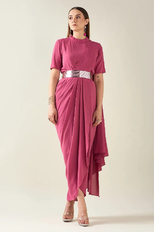 Pink Drape Saree Dress With Metallic Finish Belt Velvet unclassified dresses