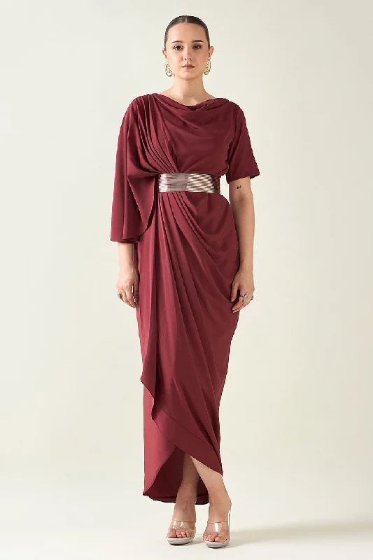 Wine Alloy Drape Dress With Metallic Finish Belt Cotton unclassified dresses