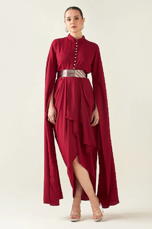 Red Armour Drape Dress With Metallic Finish Belt Striped unclassified dresses