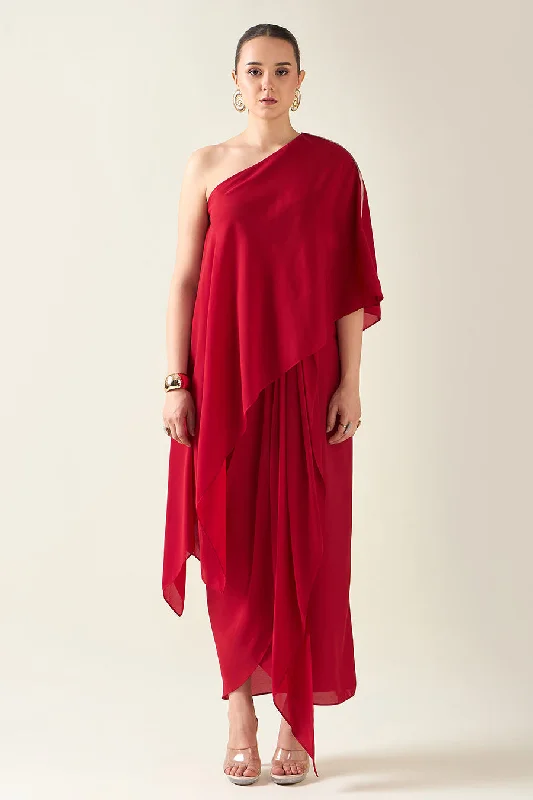 Red Alloy Metallic Embellished Drape Dress Beaded unclassified dresses