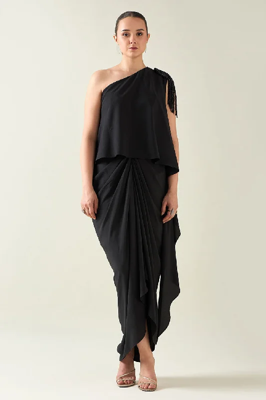 Black Crystal Embellished One-Shoulder Drape Dress Date night unclassified dresses