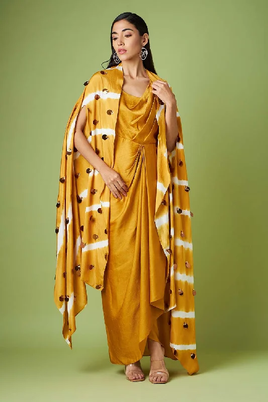 Mustard Drape Dress With Embellished Cape Lace unclassified dresses