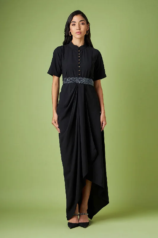 Black Drape Dress With Embellished Belt Chiffon unclassified dresses