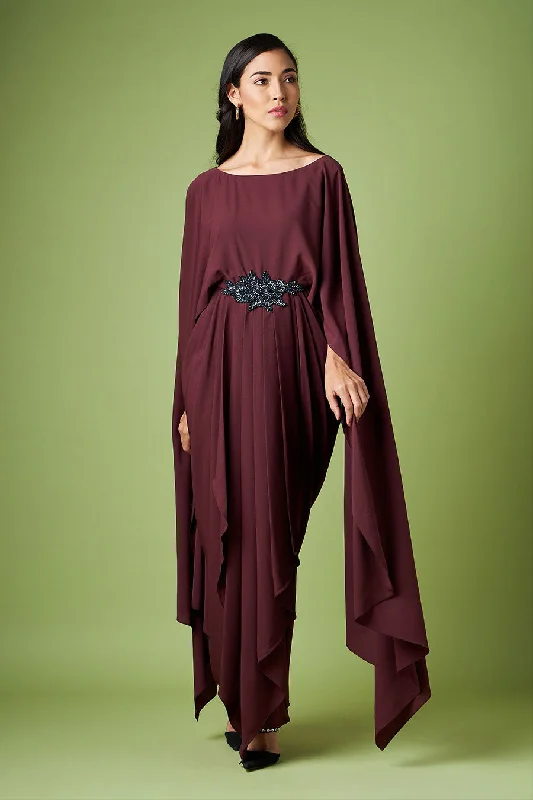 Wine Embroidered Drape Dress Bright color unclassified dresses