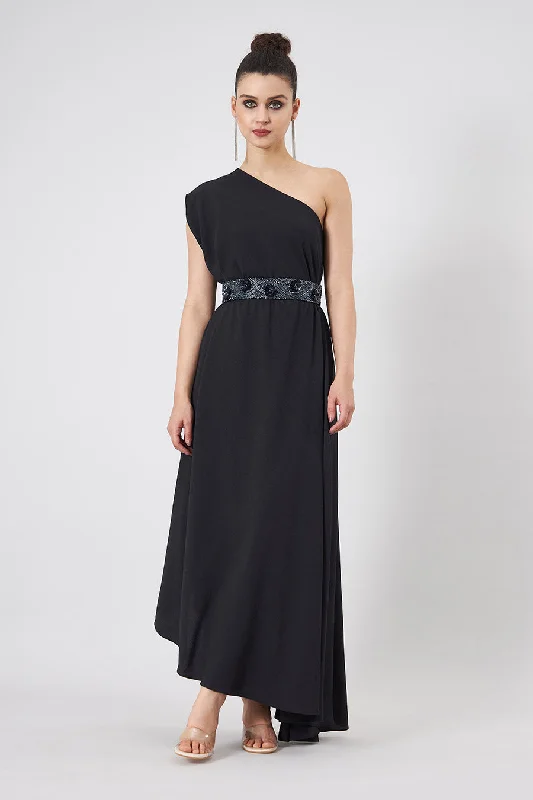 Black Off-Shoulder Dress With Embellished Belt Plus size unclassified dresses