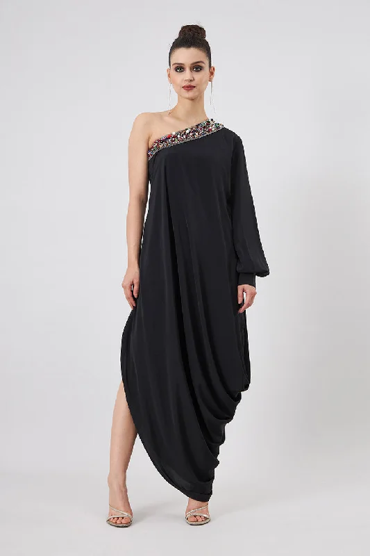 Black Embellished Cowl Draped Dress Flowy unclassified dresses