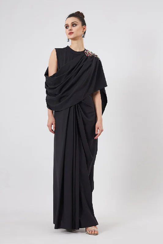 Black Embellished Cowl Drape Dress Gothic unclassified dresses