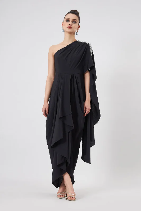 Pearl One-Shoulder Black Drape Dress Velvet unclassified dresses