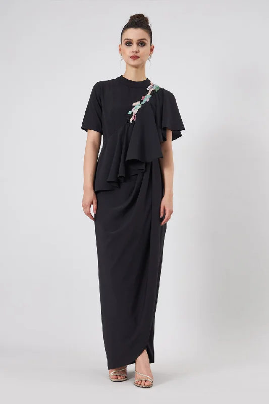 Noir Embroidered Cascade Drape Dress Metallic unclassified dresses