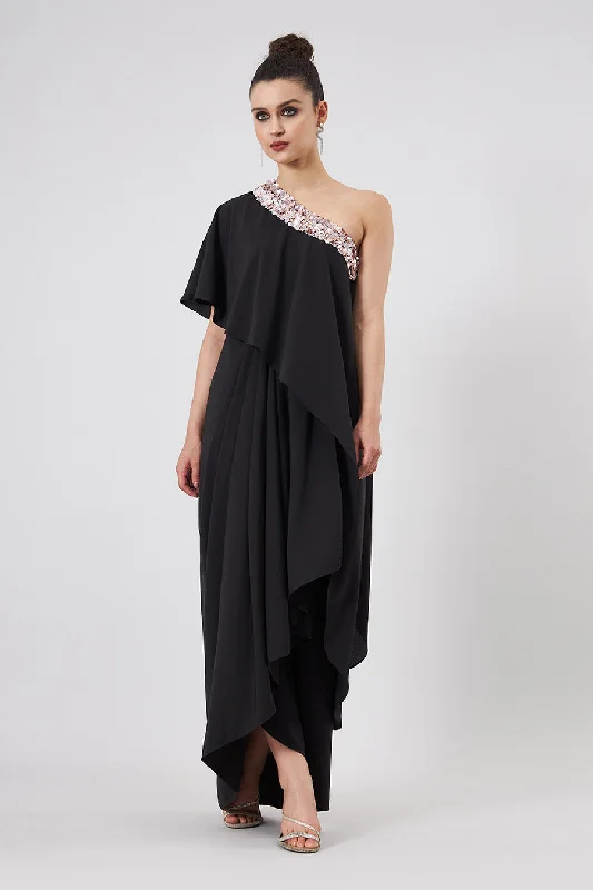 Black Embroidered One-Shoulder Drape Dress Neutral tone unclassified dresses