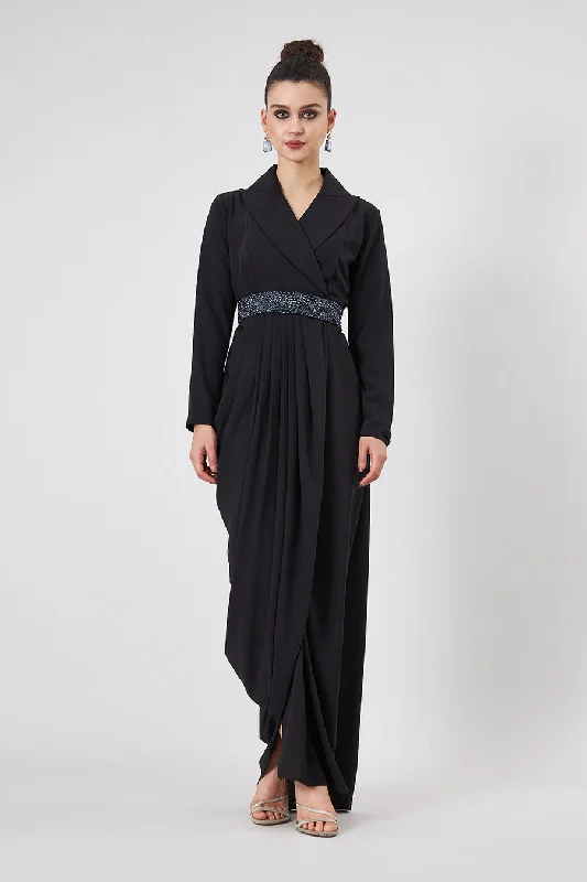 Black Notch Drape Dress With Embellished Belt Engagement unclassified dresses