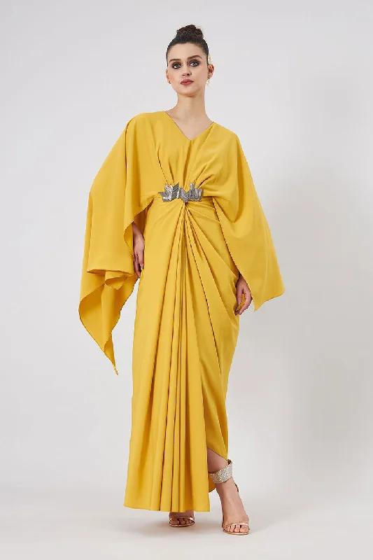 Metallic Embroidery Yellow Drape Dress Everyday wear unclassified dresses