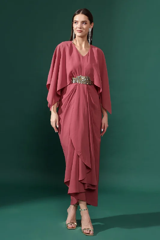 Sara Pink Embroidered Drape Dress Everyday wear unclassified dresses