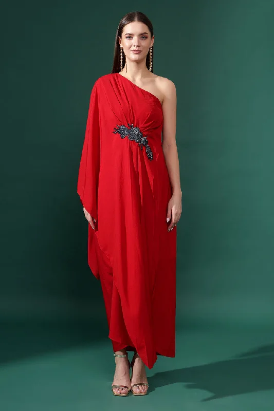 Red One-Shoulder Embellished Drape Dress Popular unclassified dresses